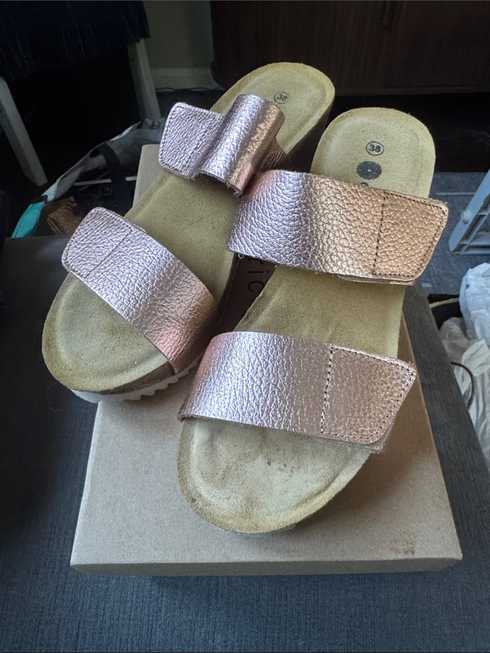 Eric Michael Rose Gold Double Strap Wedge Sandals